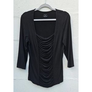 Vintage‎ 90s Y2K Top Women Large Black Ruched Rayon Spandex 3/4 Stretchy Shirt